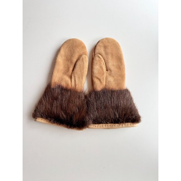 Vintage Alaskan Tan Suede Leather Beaver Fur Trim Sheepskin Lined Eskimo Mittens - Picture 5 of 11